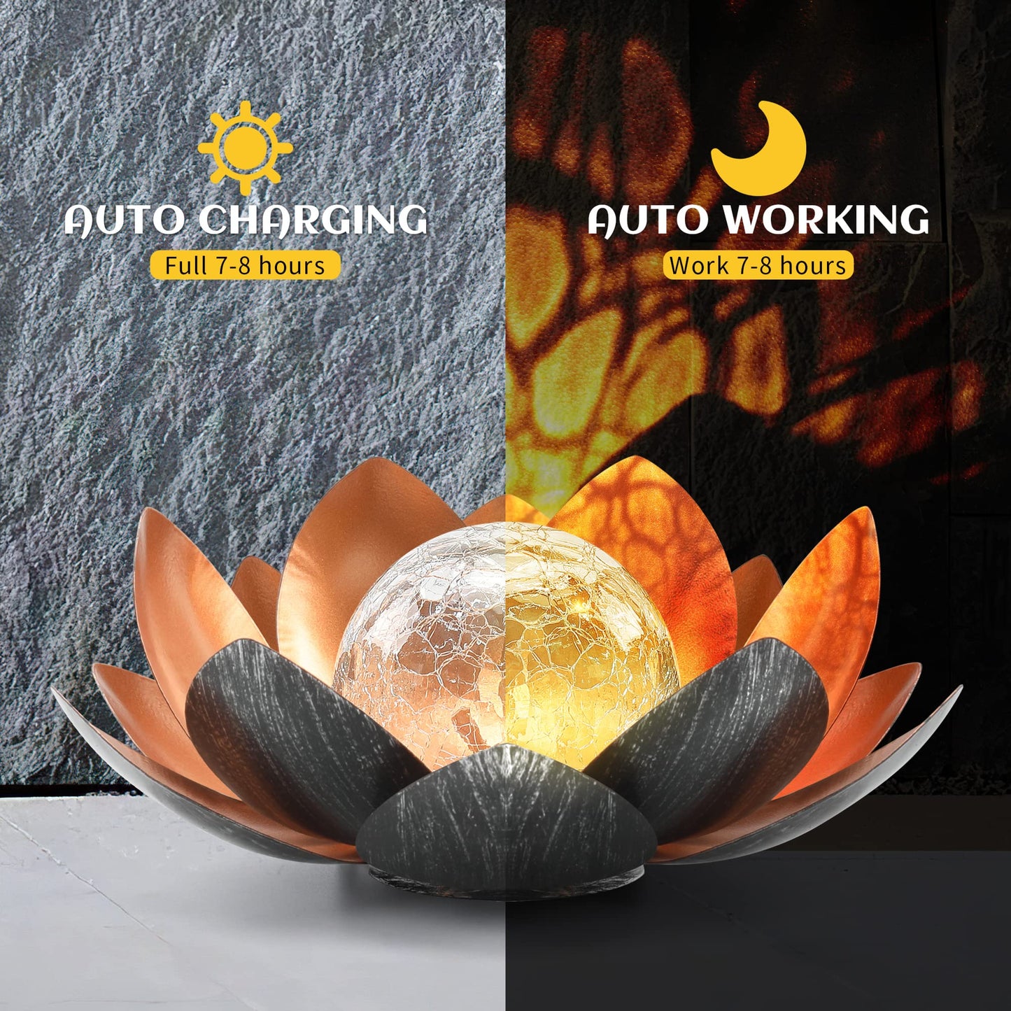 QZHP Outdoor Solar Lights, le Glass Globe, Waterproof Metal Lotus, Copper, Model HP001