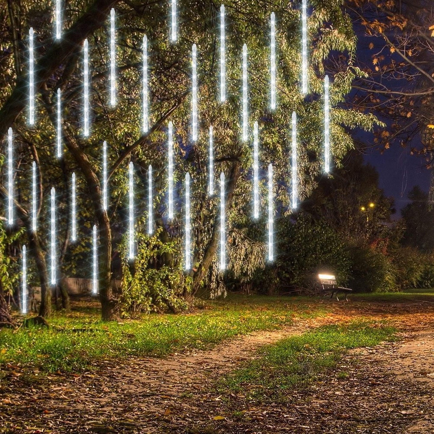 Dazzle Bright 1728 Led Christmas Light Meteor Shower Rain Lights 11.8 Inch 48 Tubes Waterproof Plug In Falling Rain Lights Decorations For Xmas Tree Yard Party (White)
