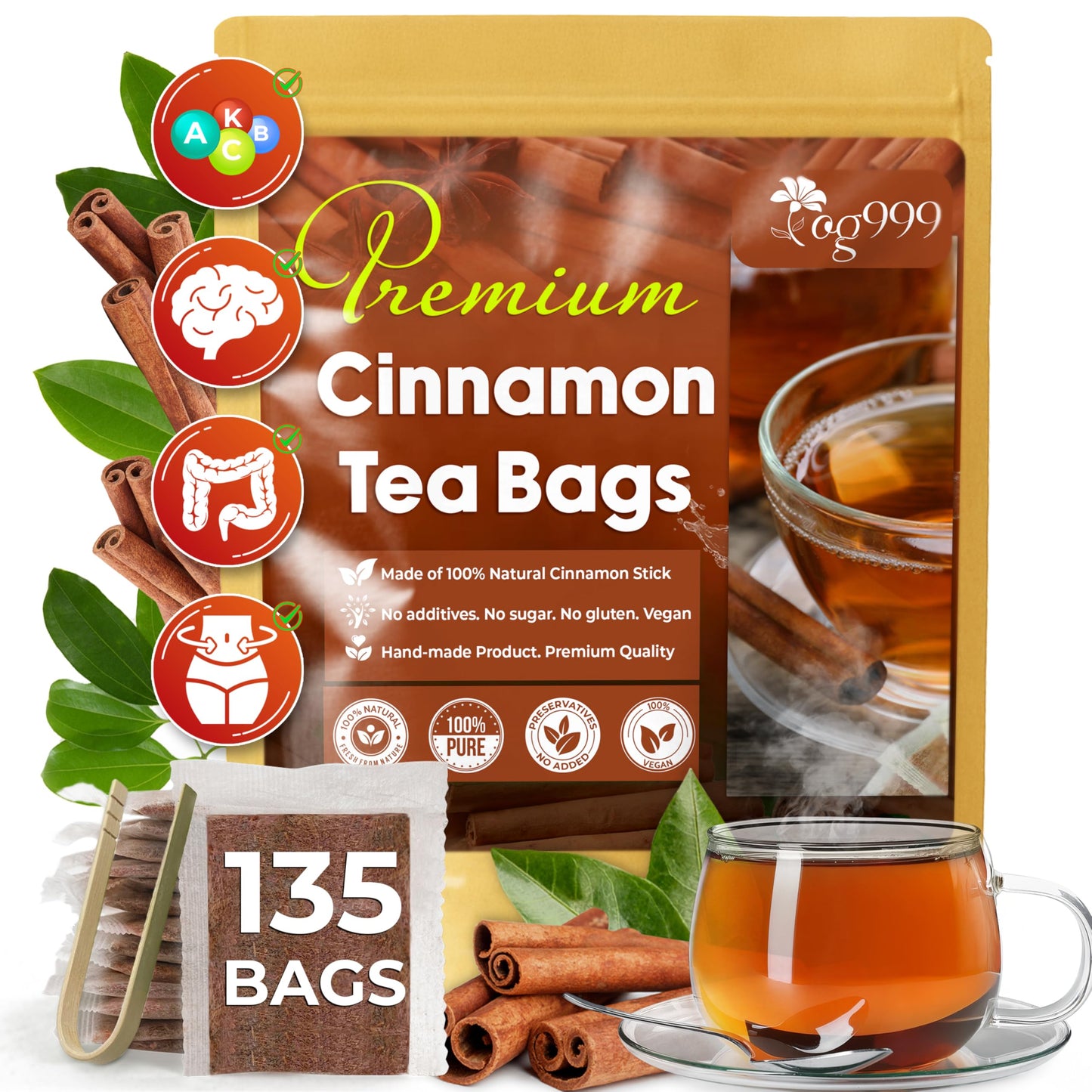 TOG999 enhanced 135 Tea Bags - Special Cinnamon Tea 100% Natural & Pure. Cinnamon Stick Herbal Spice Tea. No Sugar No Caffeine No Gluten Vegan.