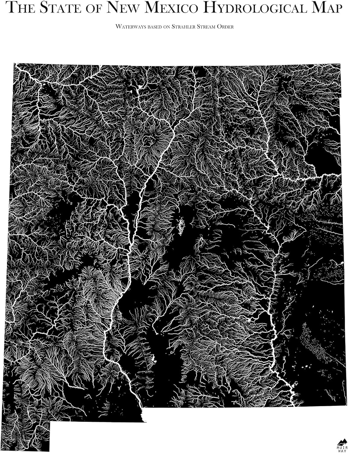 Muir Way Hydrological River Map of New Mexico - Watershed Topographic Wall Art for Home, Office, or Travel Decor - Unframed Flat Paper Print, 18x24