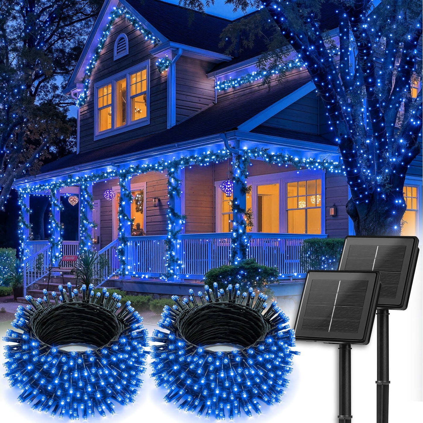 Brightown 2 Pack Solar String Lights Outdoor Total 144Ft 400 Led Twinkle Fairy Lights Waterproof With 8 Modes Auto On/Off For Patio Tree Garden Party Home Wedding Christmas Decorations (Blue)