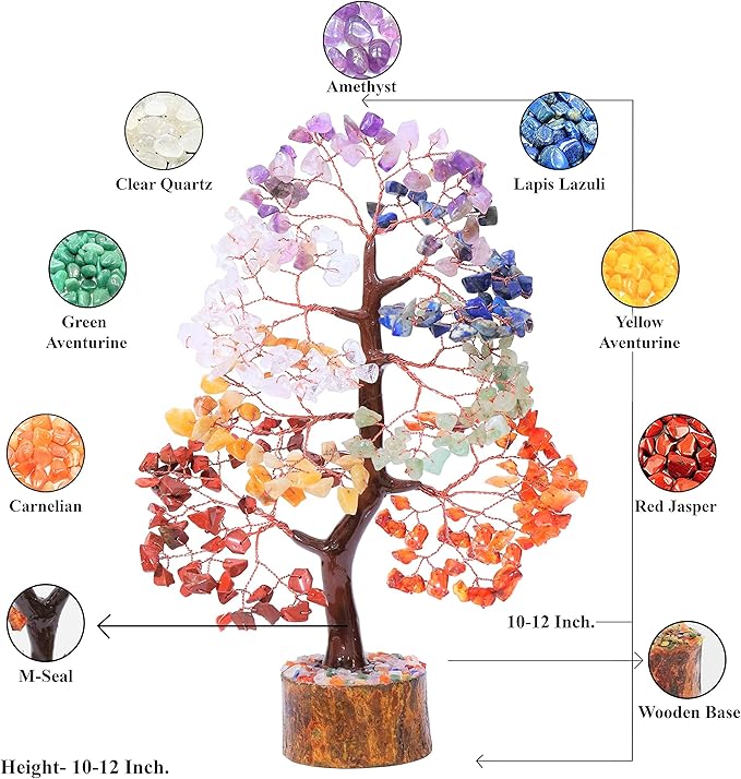 Crocon Seven Chakra Gemstone Tree Copper Wire Feng Shui Money Bonsai Good Luck Chakra Healing Crystals Home Decoration Ornament Figurine Wealth Prosperity Gift Size: 10-12"""