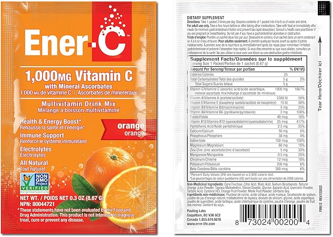Ener-C - Vitamin C Immune Support, 1000mg Vitamin C Effervescent Multivitamin Drink Powder, Fruit Juice Vitamin C Drink Mix for Hydration with Electrolytes, Orange, 60 Packets (2-Pack)