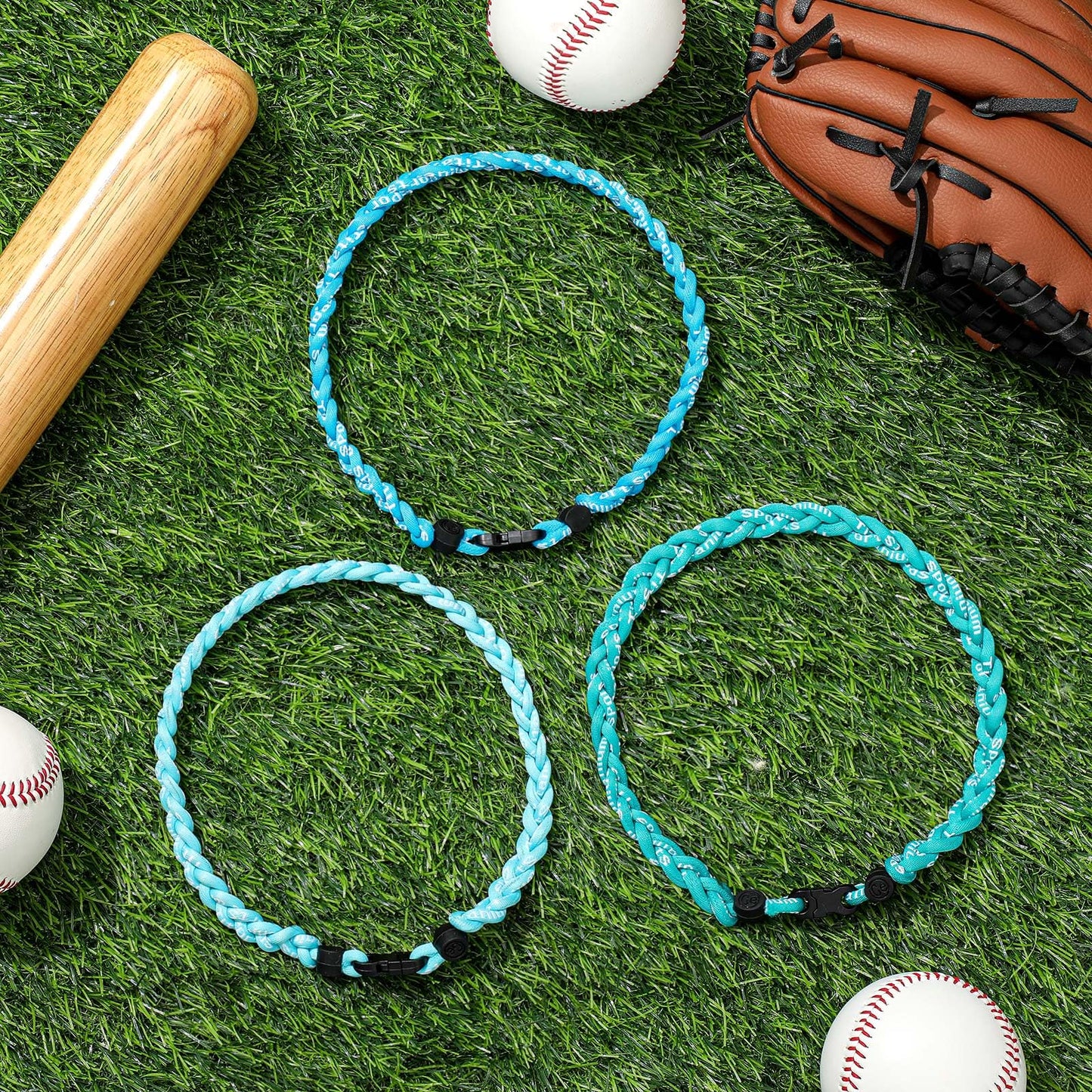 Junkin 3 Pcs Baseball Necklaces Three Braided Rope Titanium Necklace for Team Gifts Boys Men Player Softball Fans Sports (Bule C