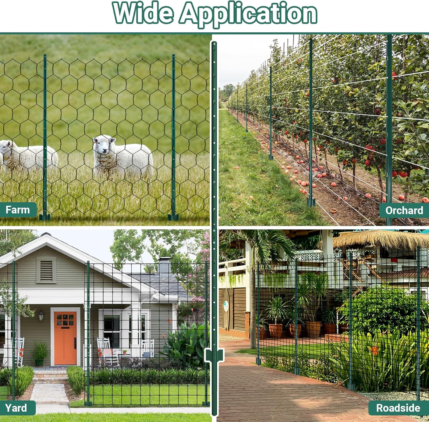 Fence Posts 7 Ft - 16 Pack, Requires Manual Assembly, Heavy Duty Metal Fence Post, No Dig U Post for Farm, Garden, Orchard and Outdoor Wire Fencing (Green)