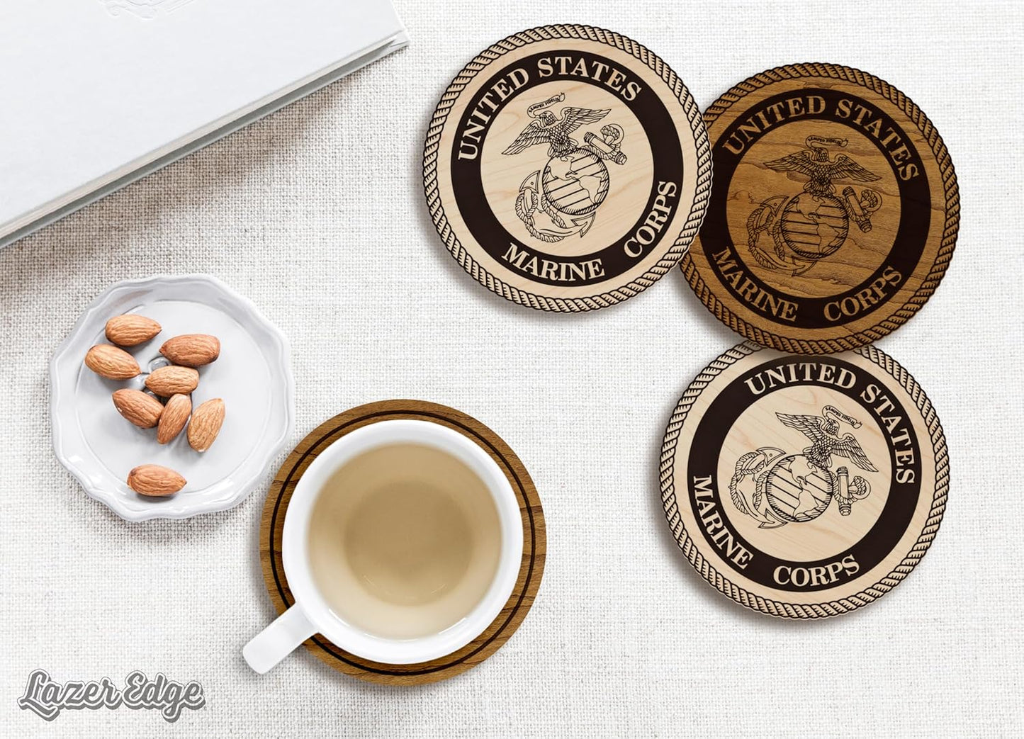 LazerEdge U.S. Marines Wooden Coaster Set β Cherry Wood β Handcrafted Collectible 4-Pack | Made in USA | Officially Licensed Product (Marines)