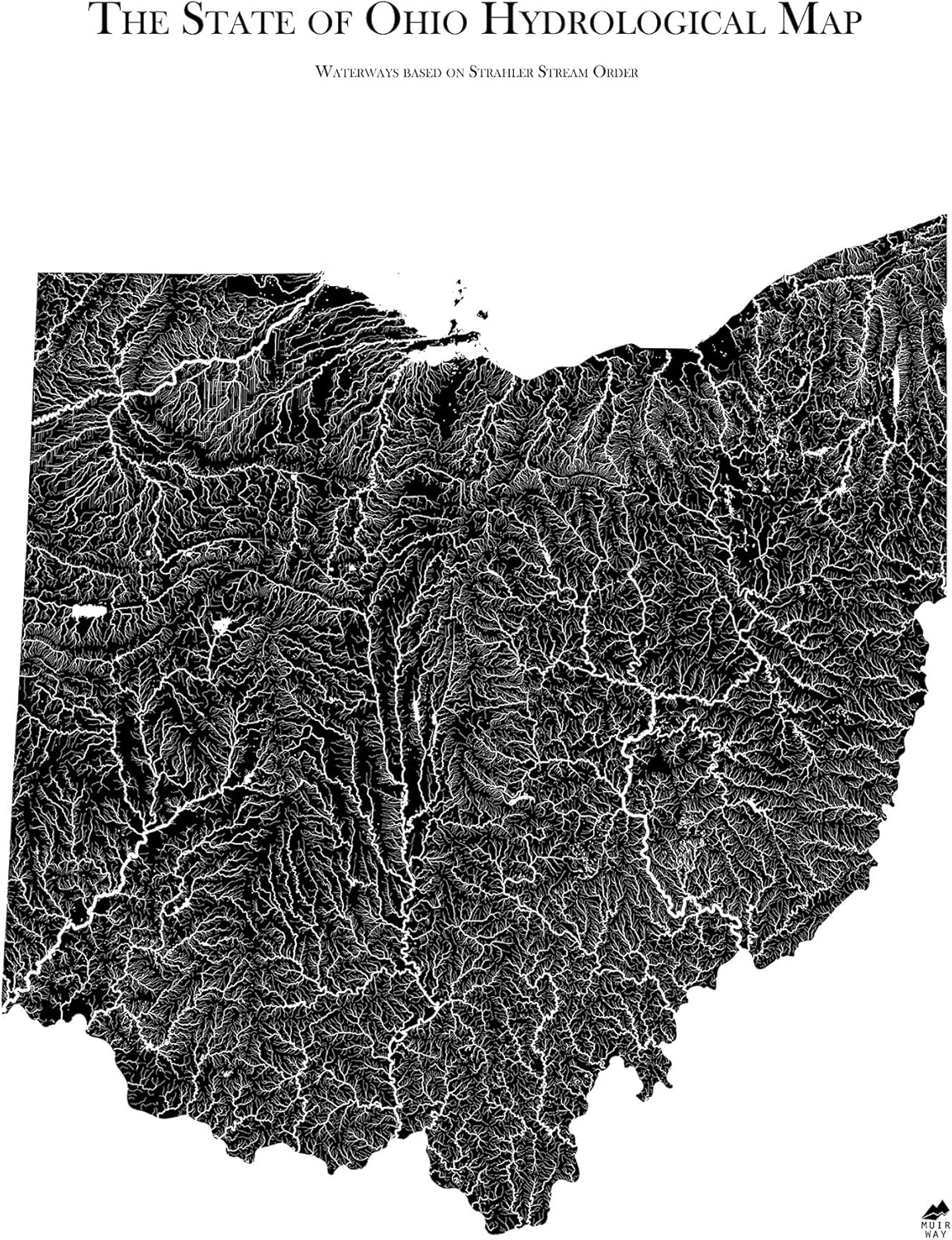 Muir Way Hydrological River Map of Ohio - Watershed Topographic Wall Art for Home, Office, or Travel Decor - Unframed Flat Paper Print, 18x24