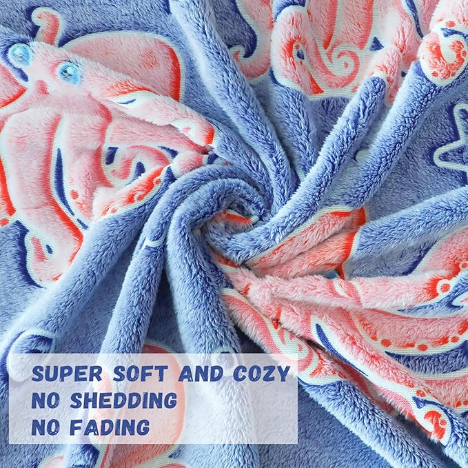 Octopus Blanket Glow in The Dark Ocean Blanket Soft Pink Octopus Gifts Toys Decor Blue Fleece Kids Throw for Boys Girls Teens Birthday