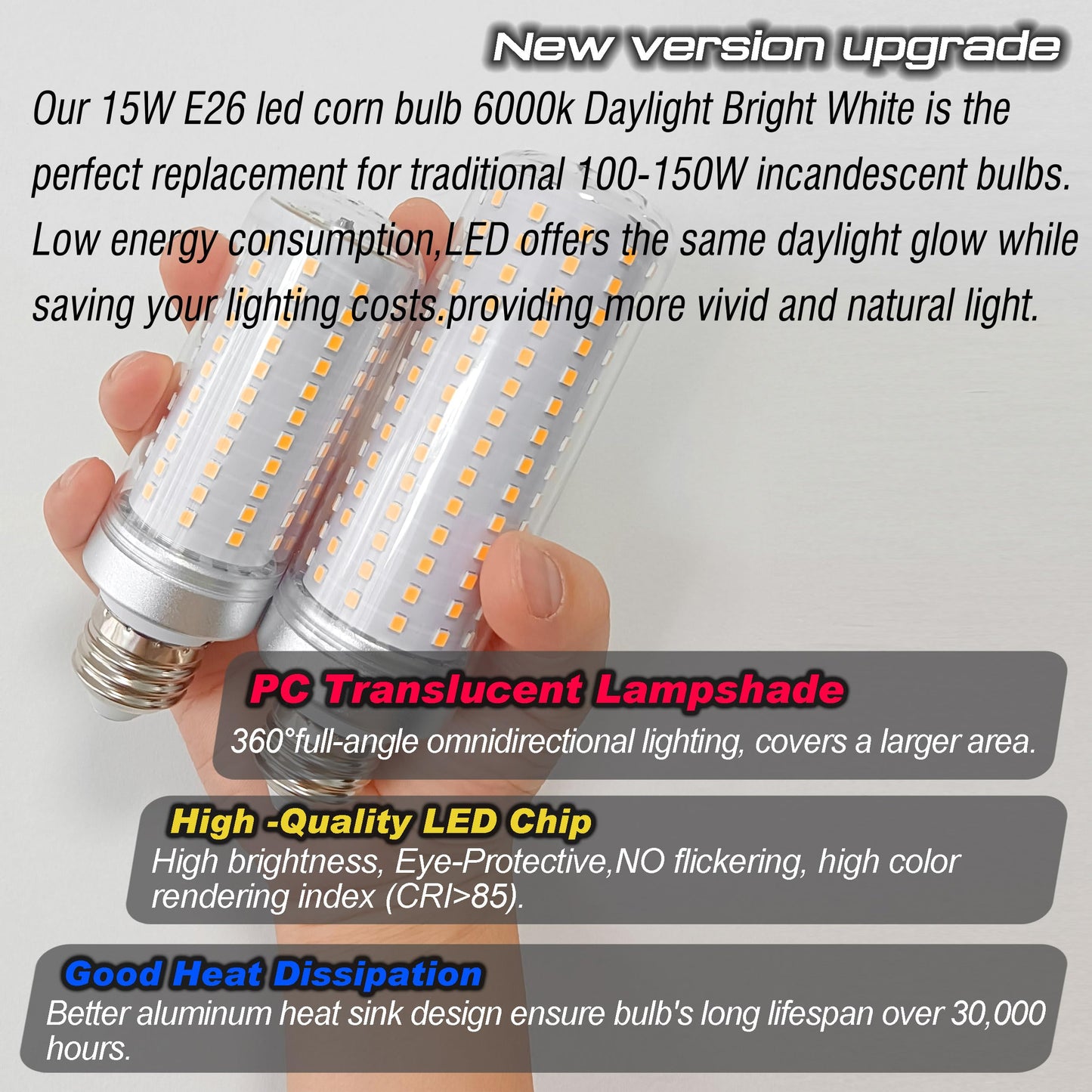 Big 1.57X 4.92Inch E26 Led Corn Light Bulb 150W Equivalent 2200 Lm 6000K Cool Daylight Bright 15W E27 Medium Base Non-Dimmable Candelabra Ceiling Fan Corn Lighting For Home Garage Warehouse 5Pack