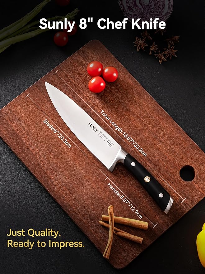 SUNLY 8 Inch Chef Knife – Full-Tang Professional Kitchen Knife, German DIN 1.4116 Stainless Steel, 58±2 HRC Hardness, Triple-Honed Blade, Anti-Slip Handle, Premium Box for Christmas Gifts