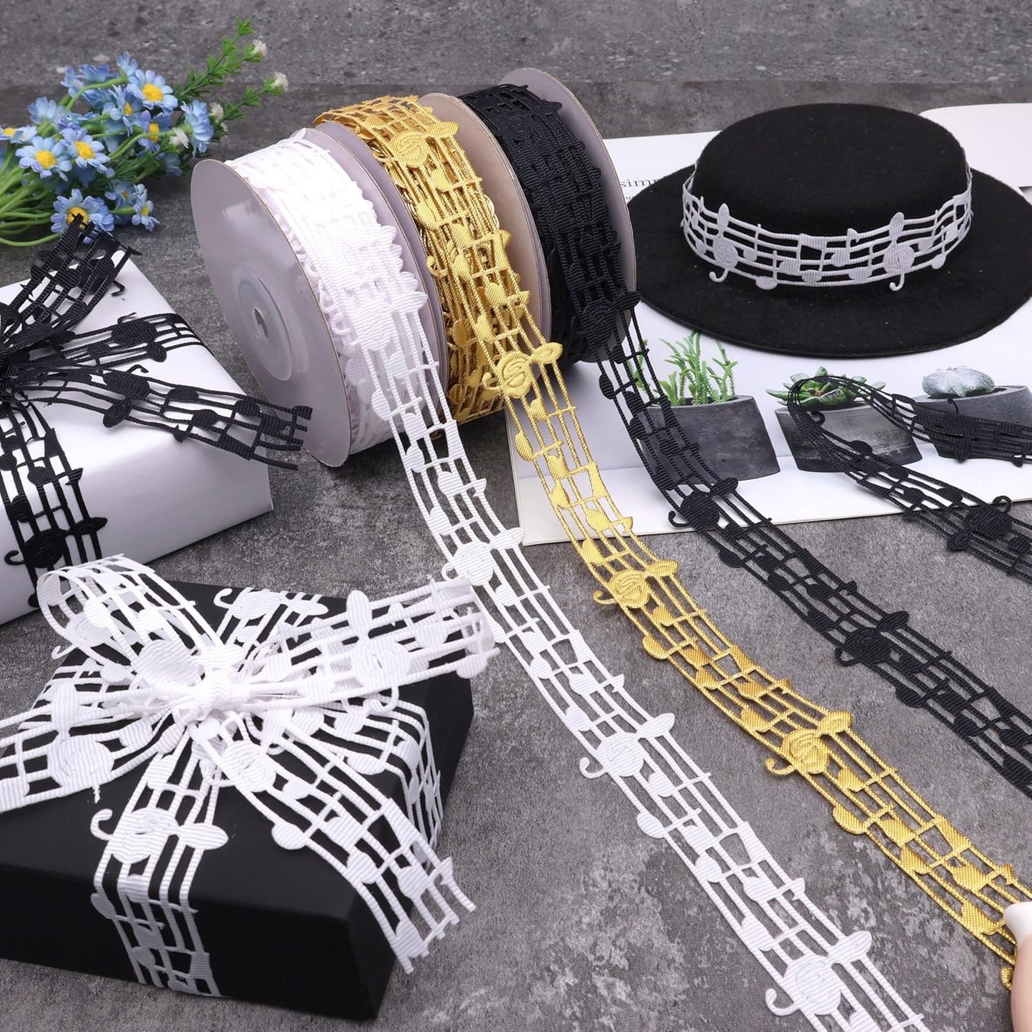 White Music Note Ribbon Grosgrain Ribbon Notation Craft Music Accessories Trim for Homecoming Mum Supplies Christmas (20 Yards/Roll)