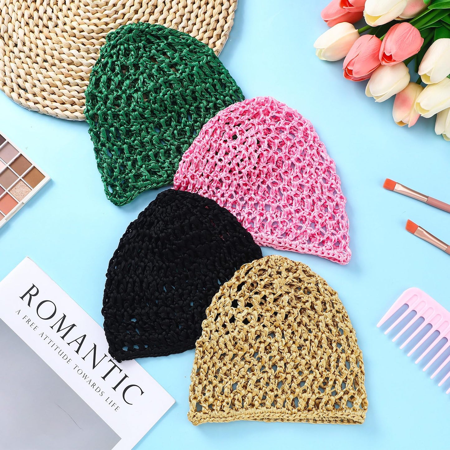 Geyoga 4 Pieces Mesh Crochet Hair Net Rayon Knit Snood Hat Thick Short Women Hairnet Snoods Cover Ornament for Sleeping(Black, G