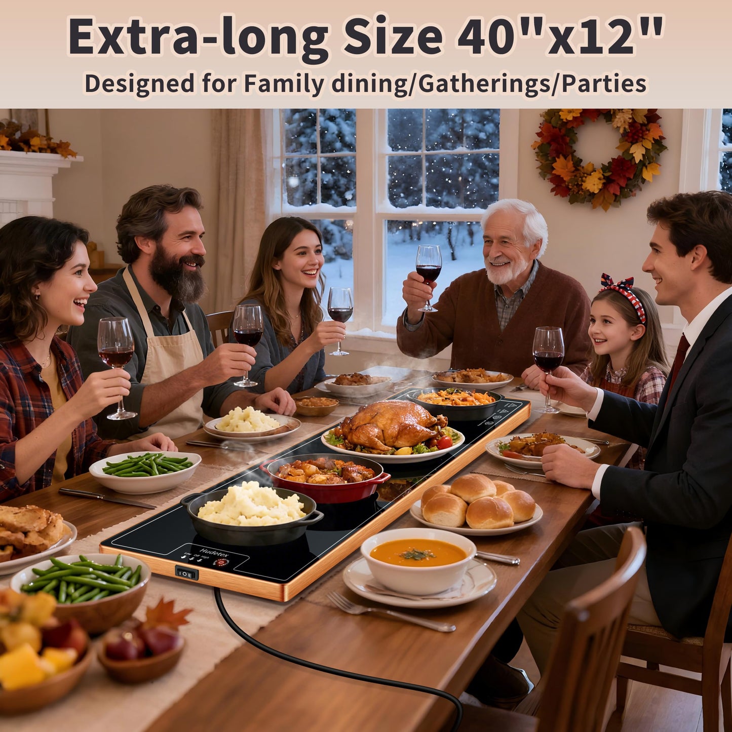 Warming Mat for Food (Extra Long 40"x12"), Electric Warming Trays for Buffets Party & Daily Use with Golden Edges, Temperature Adjustable & Full Surface Warm Tempered Glass Food Warmer Mat, Black