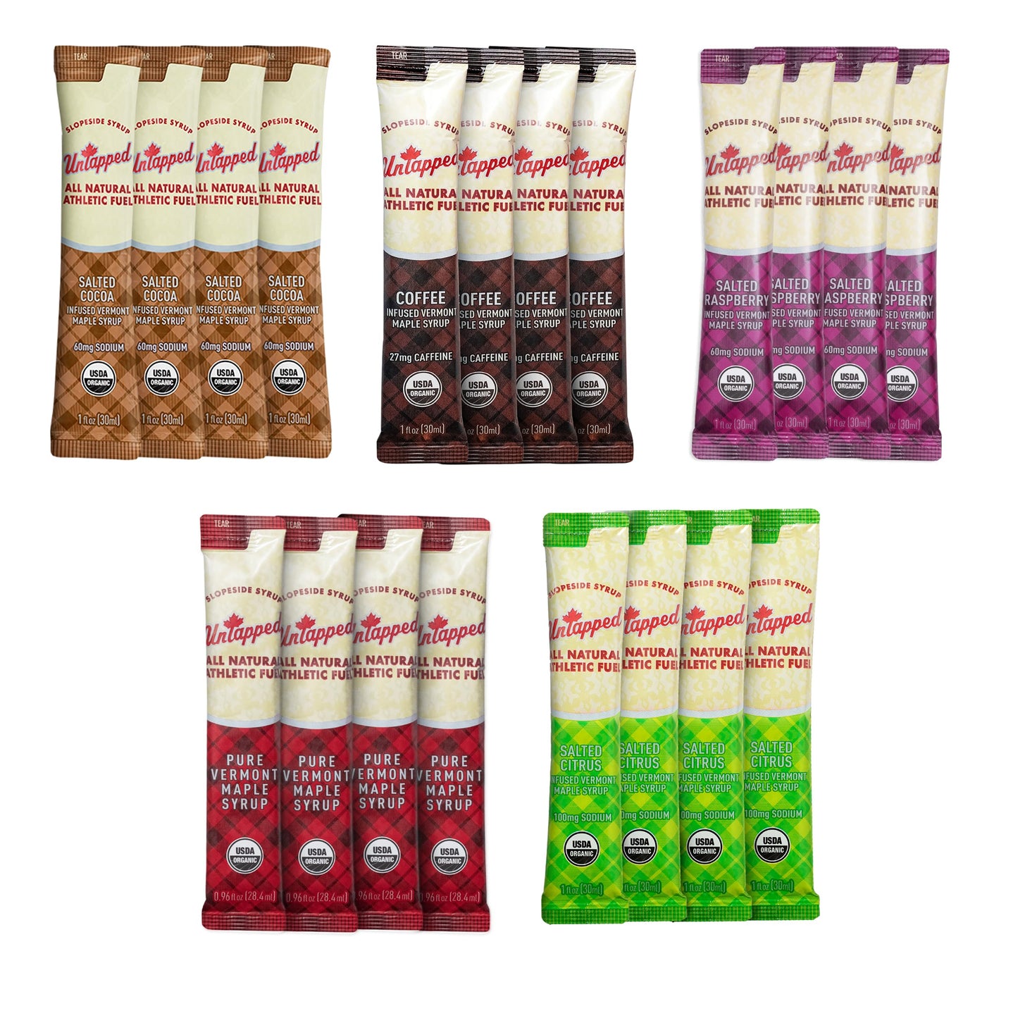 UnTapped Maple Syrup Energy Gels Pack of 20 | 5 All-Natural Flavors Including Coffee Raspberry Pure Maple Citrus & Cocoa | USDA Organic-Certified Maple Syrup for Long-Lasting Energy