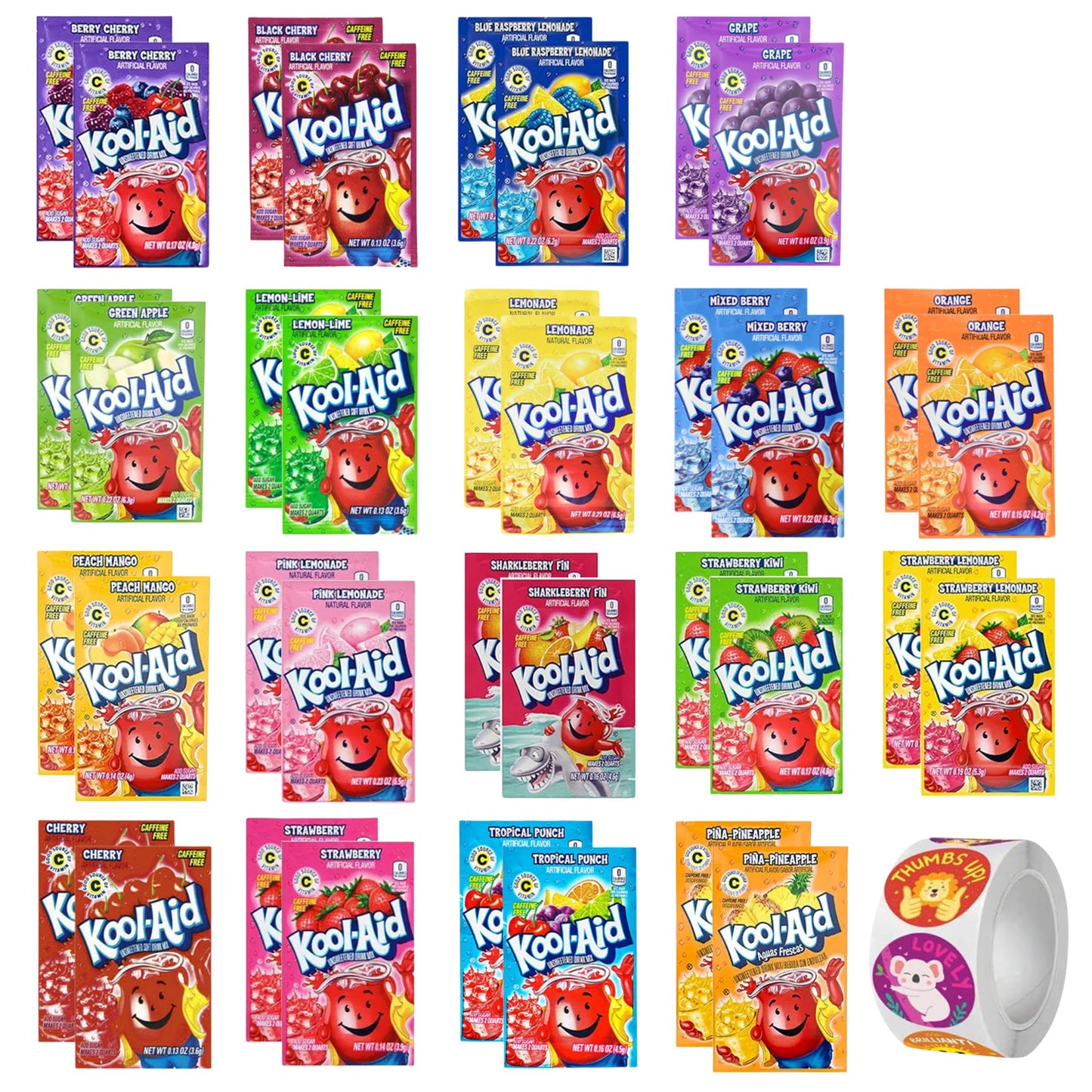 D.F. LUXURY Kool Aid Packets Ultimate Variety - 18 Flavors, 36 Packets, Includes Cherry, Grape, Lemonade, Strawberry & More