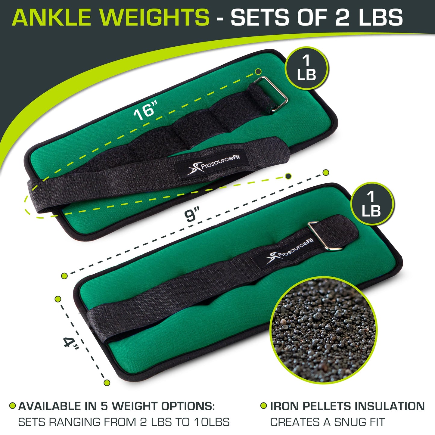 ProsourceFit Ankle / Wrist and Arm / Leg Weights Set of 2, Adjustable Strap for Men and Women, Green 1 LB