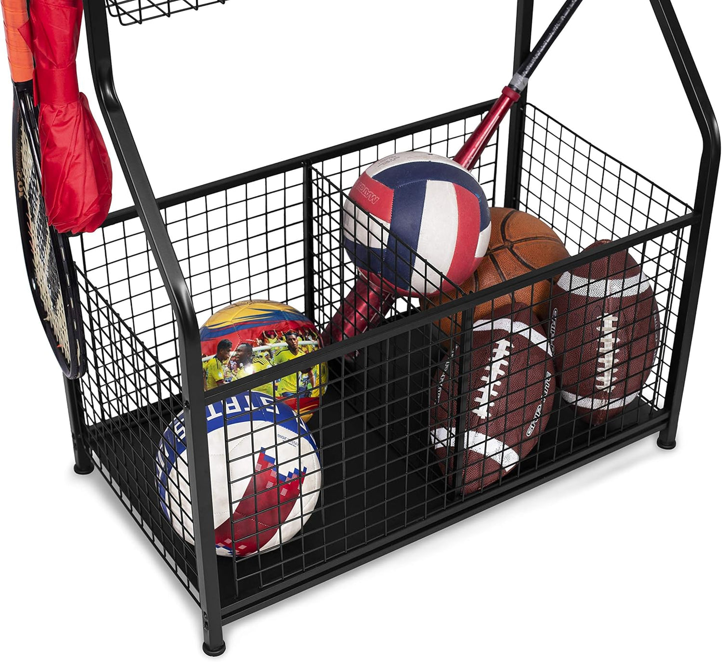 BIRDROCK HOME Sports Equipment Ball Organizer 43"H for Garage -Storage Rack - Baseball, Tennis, Football, Gym Gear - Wide Bin Basket - 4 Hooks - Kids Toy Holder - Hockey Stick Cage | Indoor - Outdoor