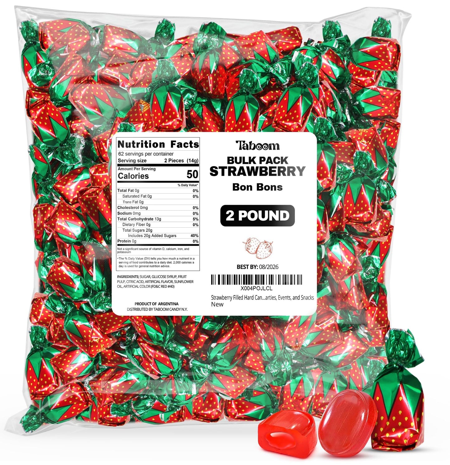 Strawberry Filled Hard Candy Bon Bons 2 lbs Bulk Pack - Individually Wrapped Fruit-Filled Candy Classic Strawberry Hard Candy for Holiday Parties and Snacks