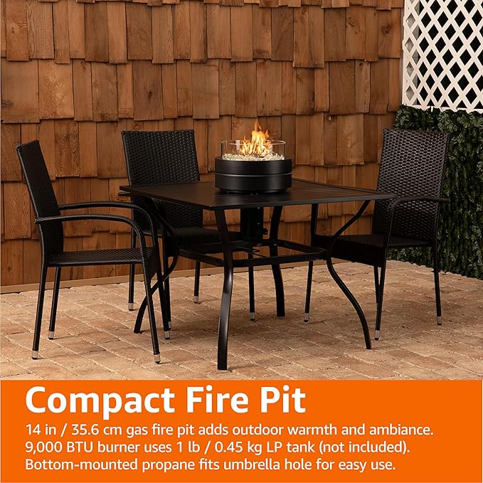 Amazon Basics 14-Inch Round Propane Fire Pit, 9000 BTU Portable Tabletop Fireplace with Glass Stones, Umbrella Hole Compatible for Outdoor Patio Tables & Camping, Brown