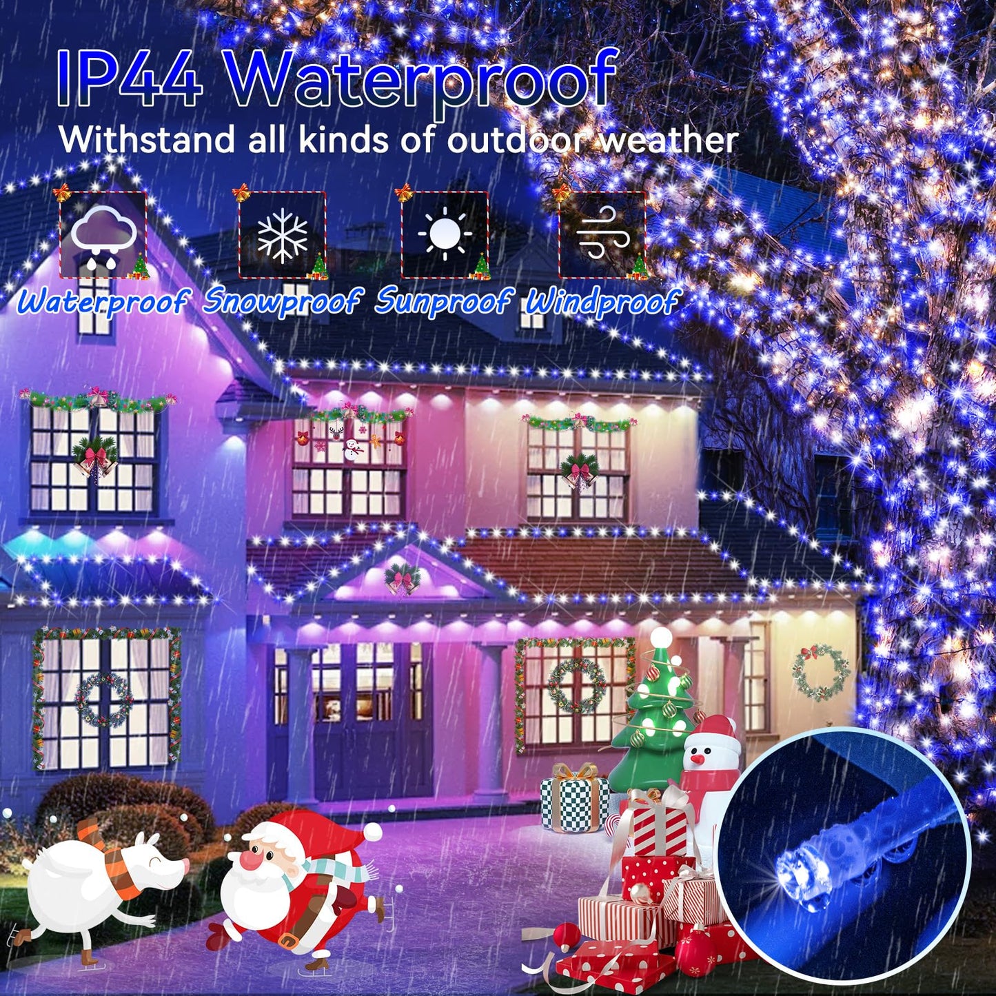 Hezbjiti 1000 LED Christmas String Lights Outdoor, 403 FT, IP44 Waterproof, 8 Modes, Timer, Dimmable, Blue+White, Clear Wire