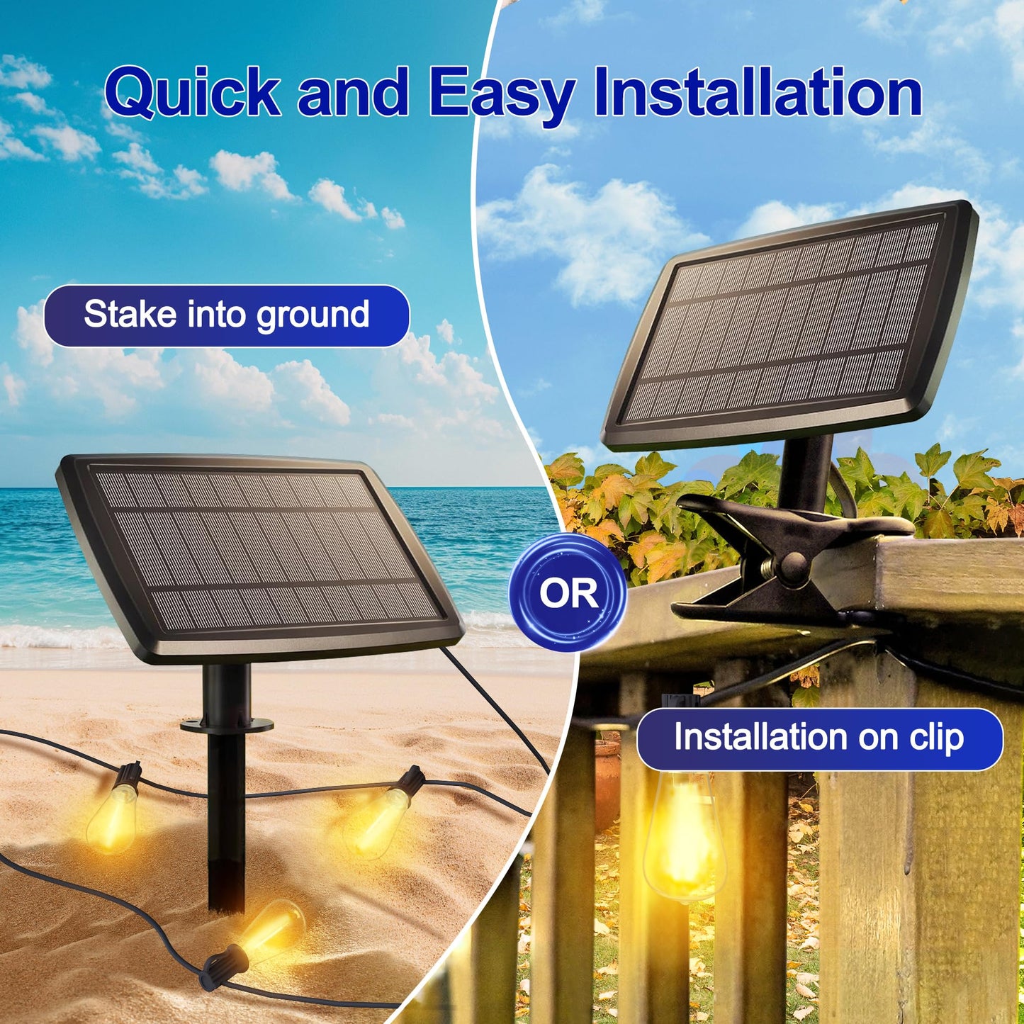 Stright Solar String Lights 55FT 15 Sockets Waterproof Warm White E12 S14 Bulbs Remote Control with USB Charging Port