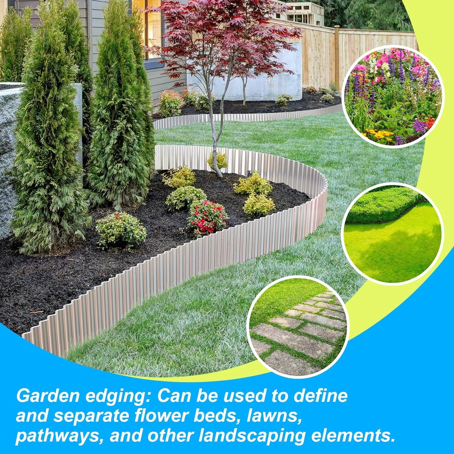 LAVEVE Corrugated Metal Garden Edging 8" x 10Ft, Landscape Edging Border for Lawn, Flower Bed, Garden Fence, Paver Edging (Silver)