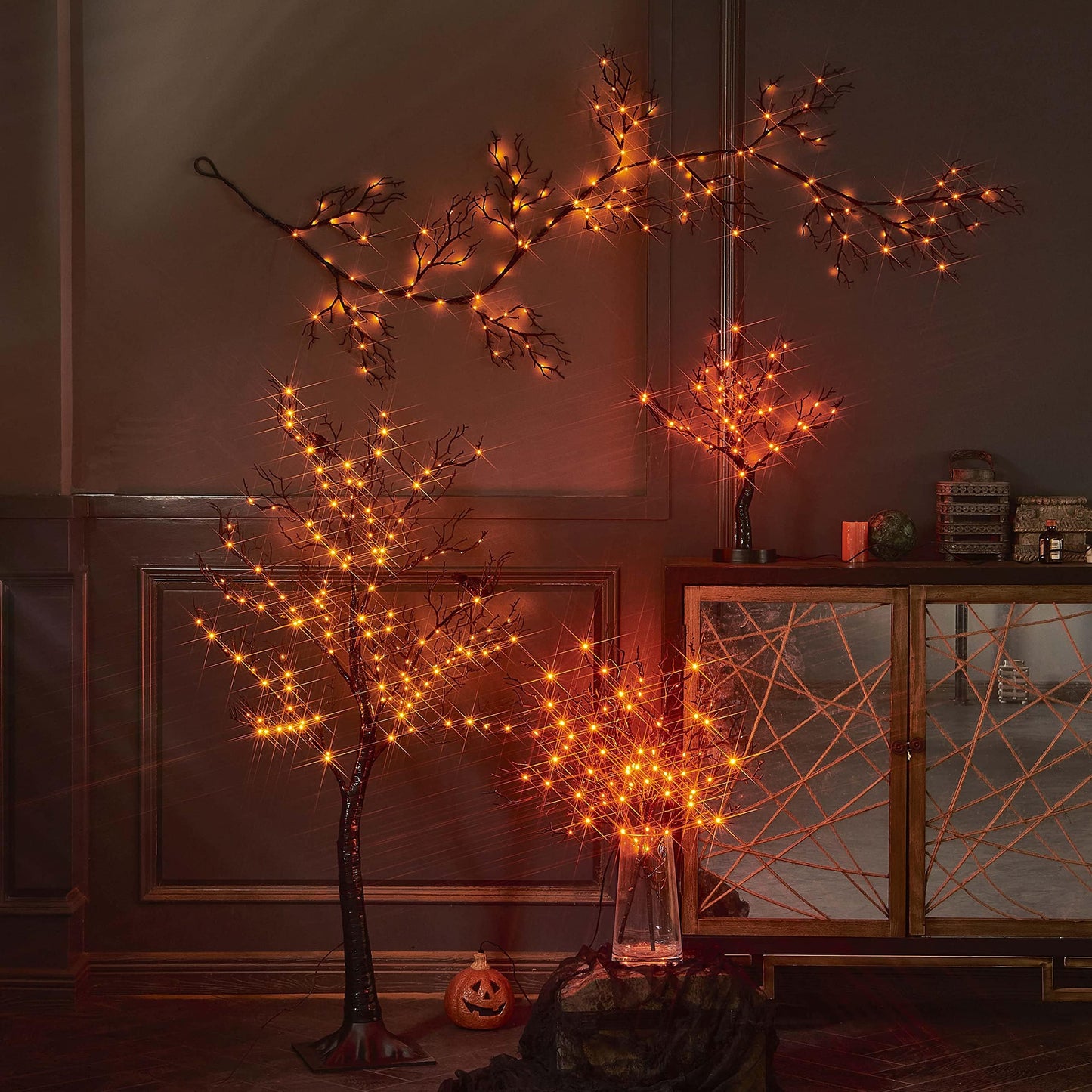 Birchlitland Halloween Tree with 150 Orange Fairy Lights, 4ft Black Glittered Decoration for Indoor/Outdoor Parties