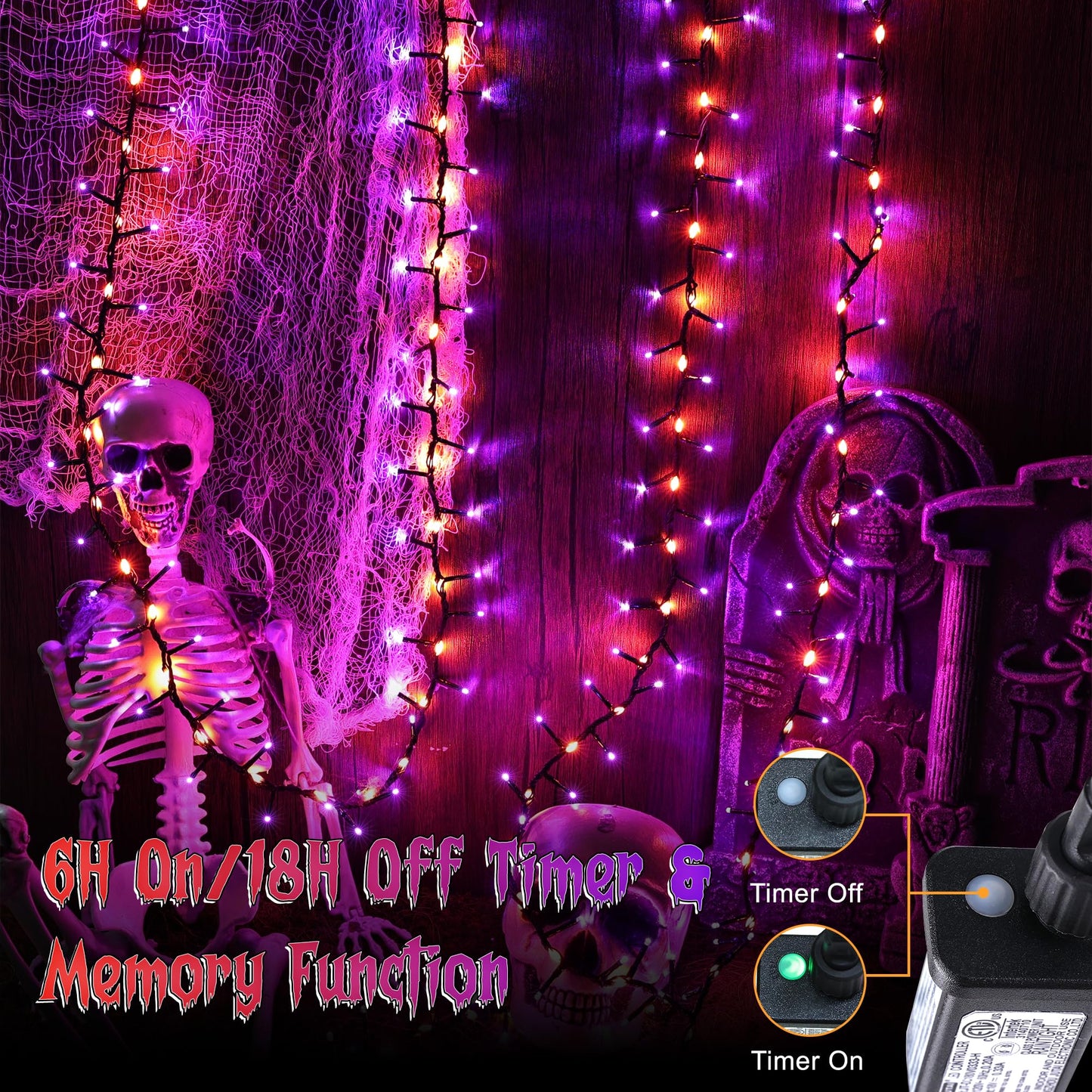 Brizled Halloween Lights, 372 LED Cluster, 17 Modes, 19.6FT, Waterproof, Orange & Purple, Model FTC-372MC-18