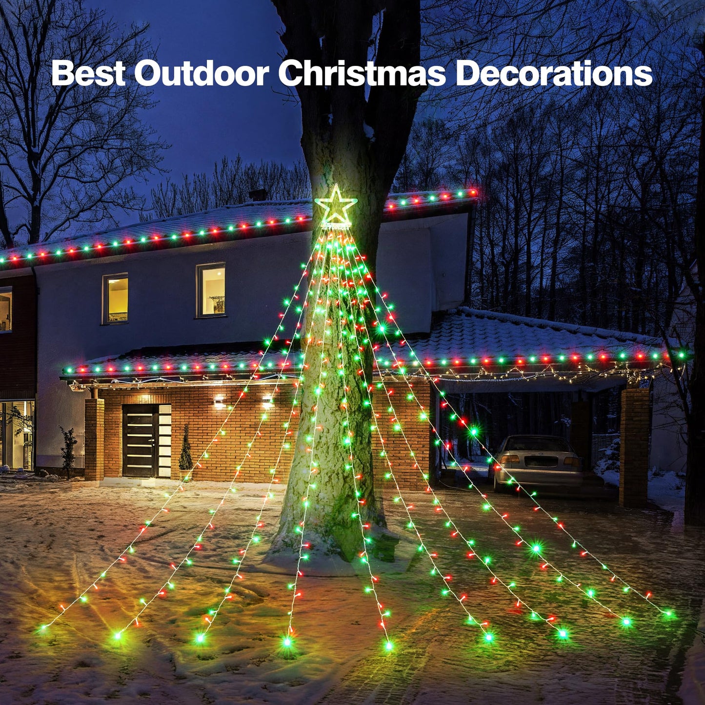 Blctec Outdoor Christmas Decorations 317 Leds Christmas Lights With 9 Strands 11.9Ft Waterfall Christmas Tree Lights 8 Modes Waterproof Topper Star & Timer For Yard Patio Xmas D?Or Red Green