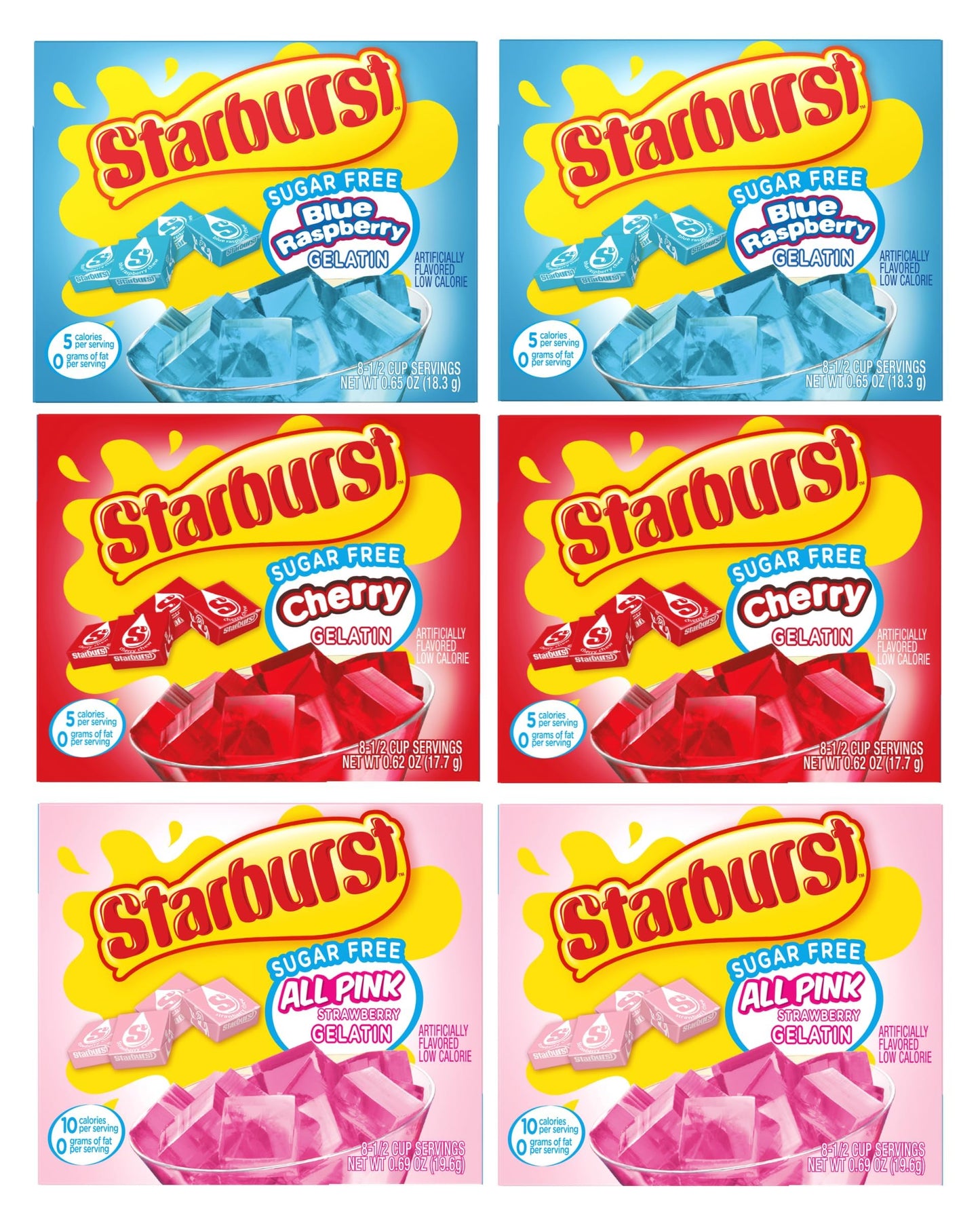 Starburst Sugar Free Gelatin Variety Pack - Pack of 6-3 Flavors - 2 of Each Flavor - Strawberry Blue Raspberry and Cherry - Easy to Make for a Variety of Uses