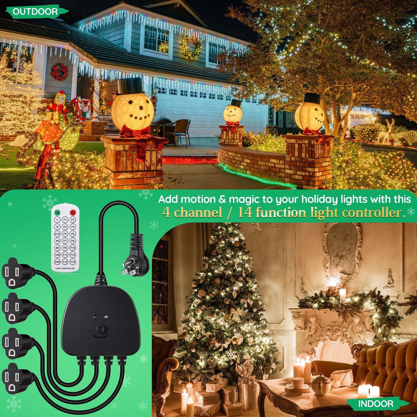 Gulfmew Christmas Light Controller With Remote Multiple Lighting Effects Timer Dusk To Dawn Sensor Control For Indoor Outdoor Holiday Xmas Lights Waterproof(4 Channel/14 Functions Black)