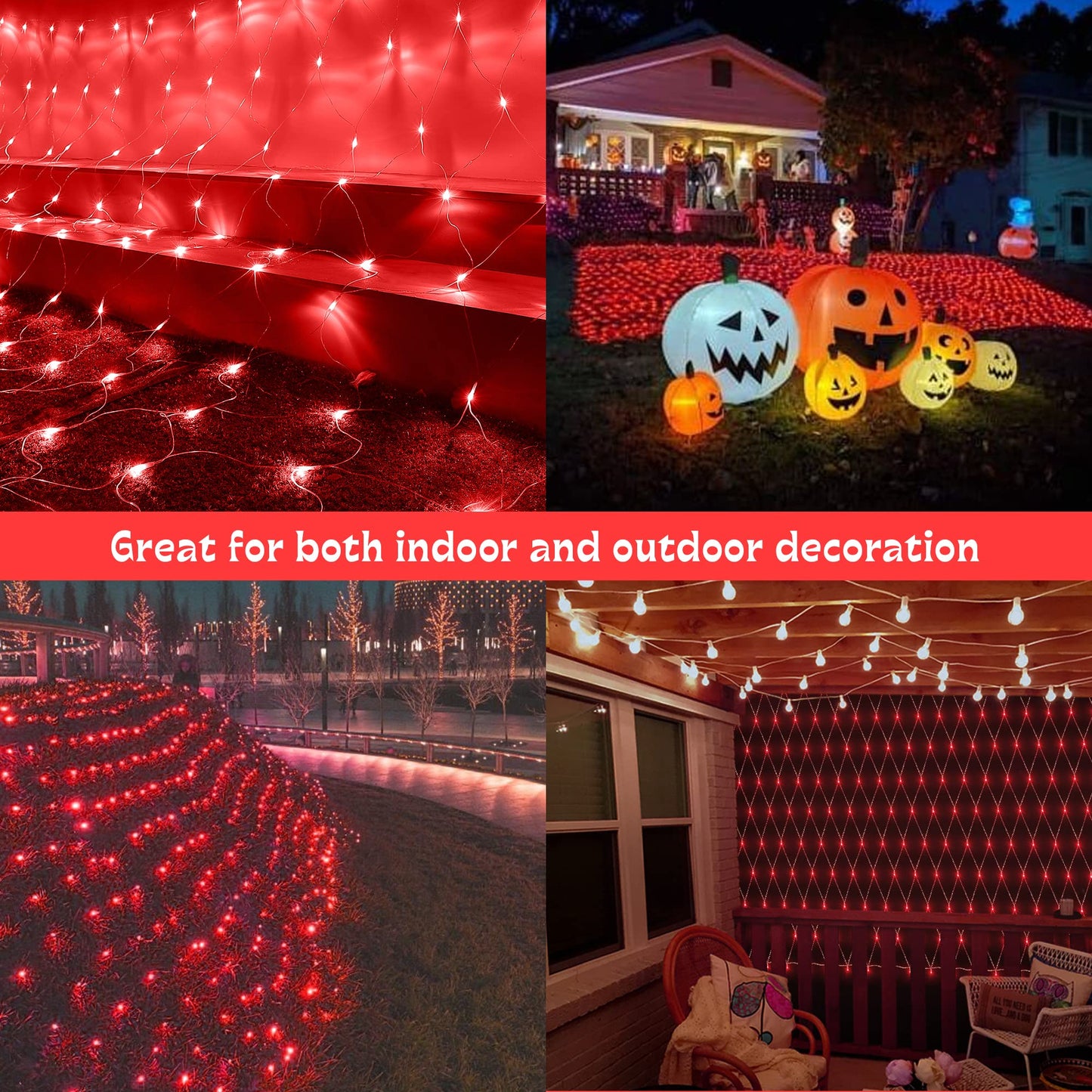 woohaha Outdoor Christmas Net Lights, 192 LED, 9.8FTx6.6FT, 8 Lighting Modes, Red, Model QX-U-O-N-192-R-C