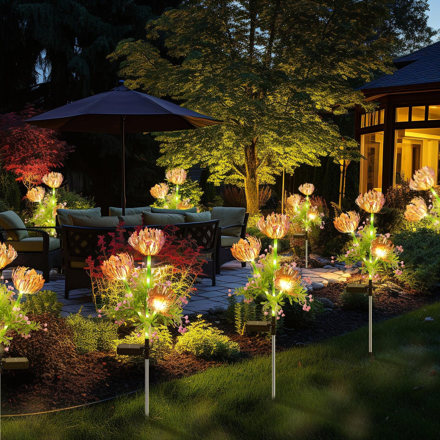 Syouhome 4-Pack 12 Head Solar Flowers Lights Waterproof Solar Garden Lights Outdoor For Christmas Flower Lights With Glowing Stems For Flowerpot Yard Pathway Balcony Patio Garden Decor