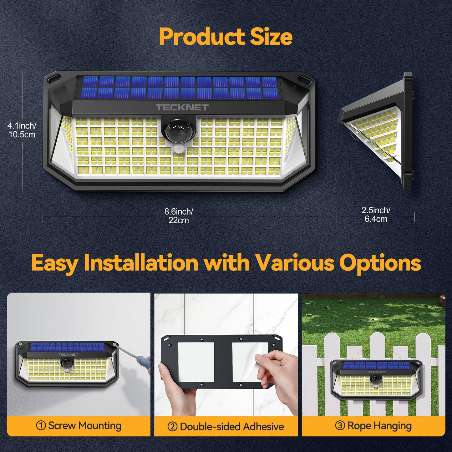 Tecknet 4200Lm 416 Led Solar Lights Outdoor Waterproof 300 Angle & 3 Lighting Modes Motion Sensor Outdoor Lights 2 Pack Security Solar Light Ip66 For Fence Front Door Yard - 1 Pack