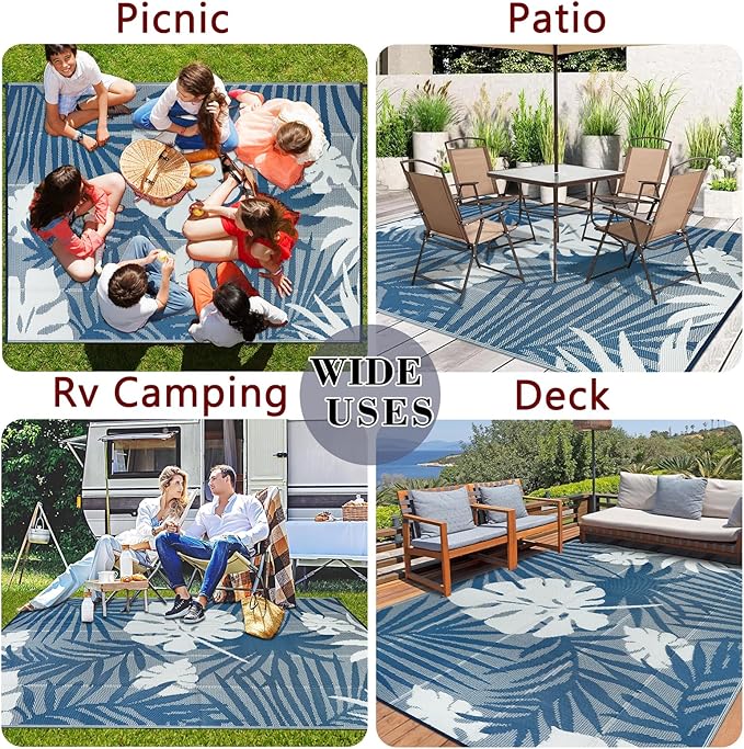 Homcomoda Outdoor Rugs 8’x10’ Waterproof Reversible Patio Rugs Outdoor Clearance Lightweight Outdoor Rugs Portable RV Camping Mats for Tents Deck Porch BBQ Beach Backyard