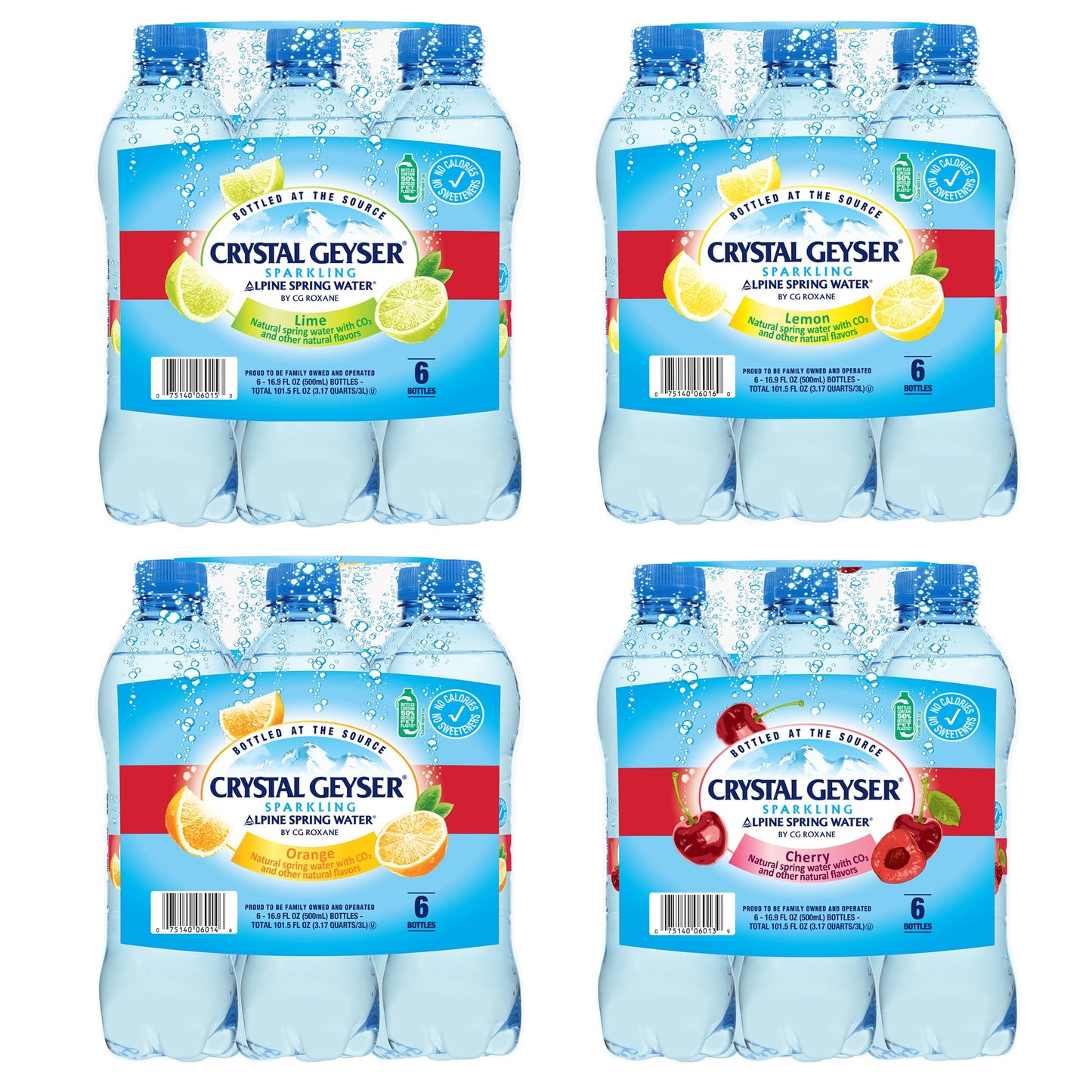 Crystal Geyser Sparkling Alpine Natural Spring Water, Variety Pack Cherry, Lime, Orange & Lemon, 24-Pack, 16.9oz Bottles, Zero C