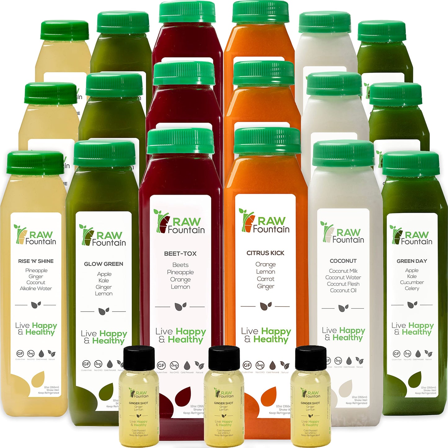 7 Day Juice Cleanse by Raw Fountain All Natural Raw Detox Cleanse Juicing for Body Rest Cold Pressed Juice Fast Great Way to Jumpstart a Healthier Diet 42 Bottles 12oz 7 Ginger Shots