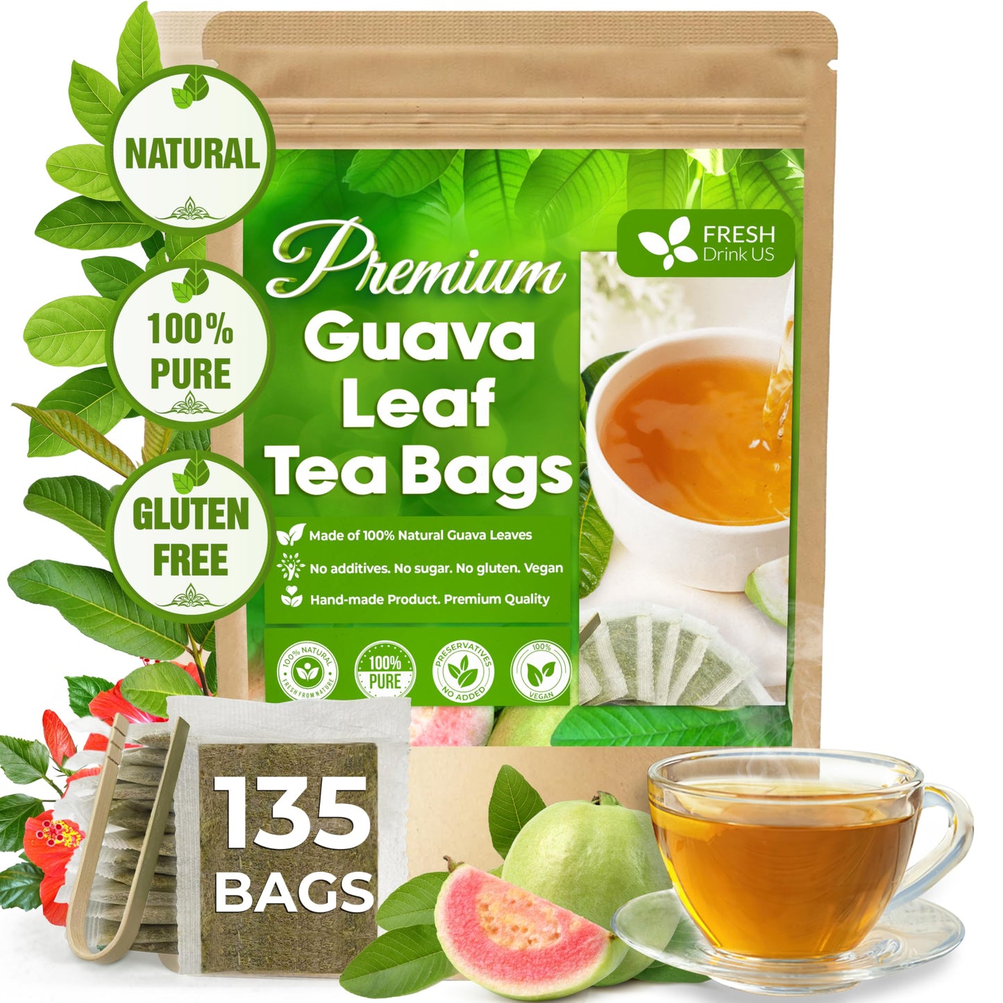 FreshDrinkUS enhanced 135 Guava Leaf Tea Bags Handmade From Great Origin 100% Natural and Pure. Guava Tea Loose Leaf Herbal Tea. No Sugar/Caffeine/Gluten Vegan.