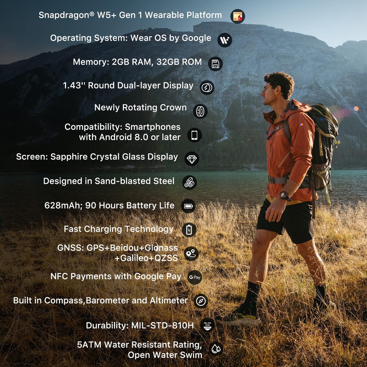 Ticwatch Atlas Smartwatch for Men Android Wear OS Smart Watch Outdoor 90 Hrs Battery 110+ Workout Modes Heat Map Fall Detection Health Fitness Tracker 5ATM GPS Compass Android Compatible Only