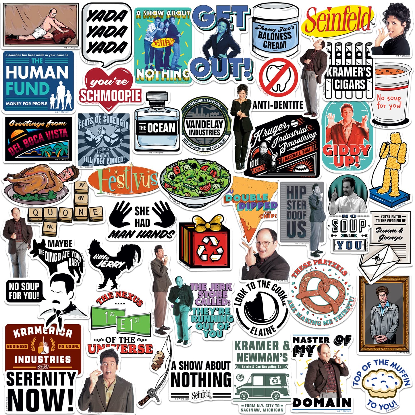 Seinfeld 50Ct Vinyl Large Deluxe Stickers Variety Pack - Laptop Water Bottle Scrapbooking Tablet Skateboard Indoor/Outdoor - Set Of 50 -Like New
