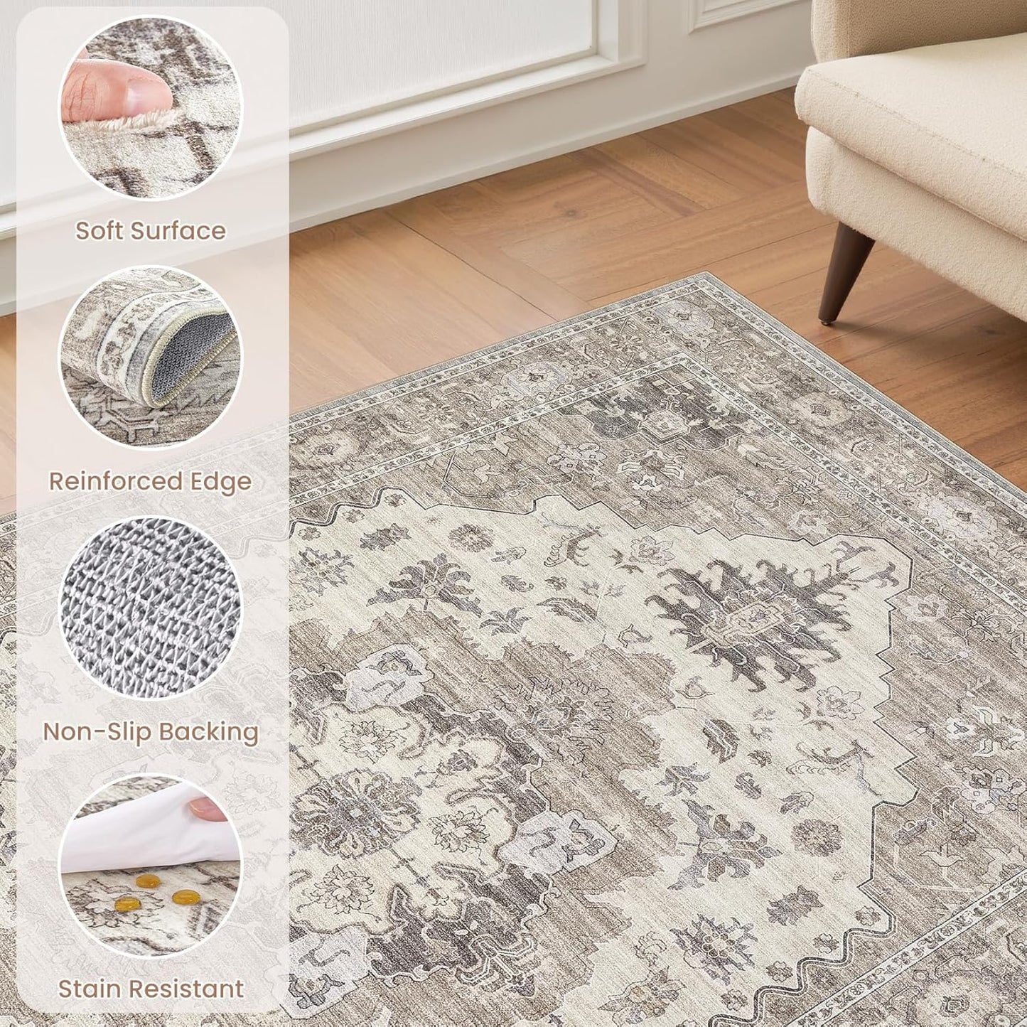 Washable Area Rugs for Living Room -10x13 Neutral Vintage Distressed Floral Farmhouse Boho Large Soft Floor Rug Indoor Non Slip Carpet for Living Room Bedroom Dining Room Office-Brown/Beige