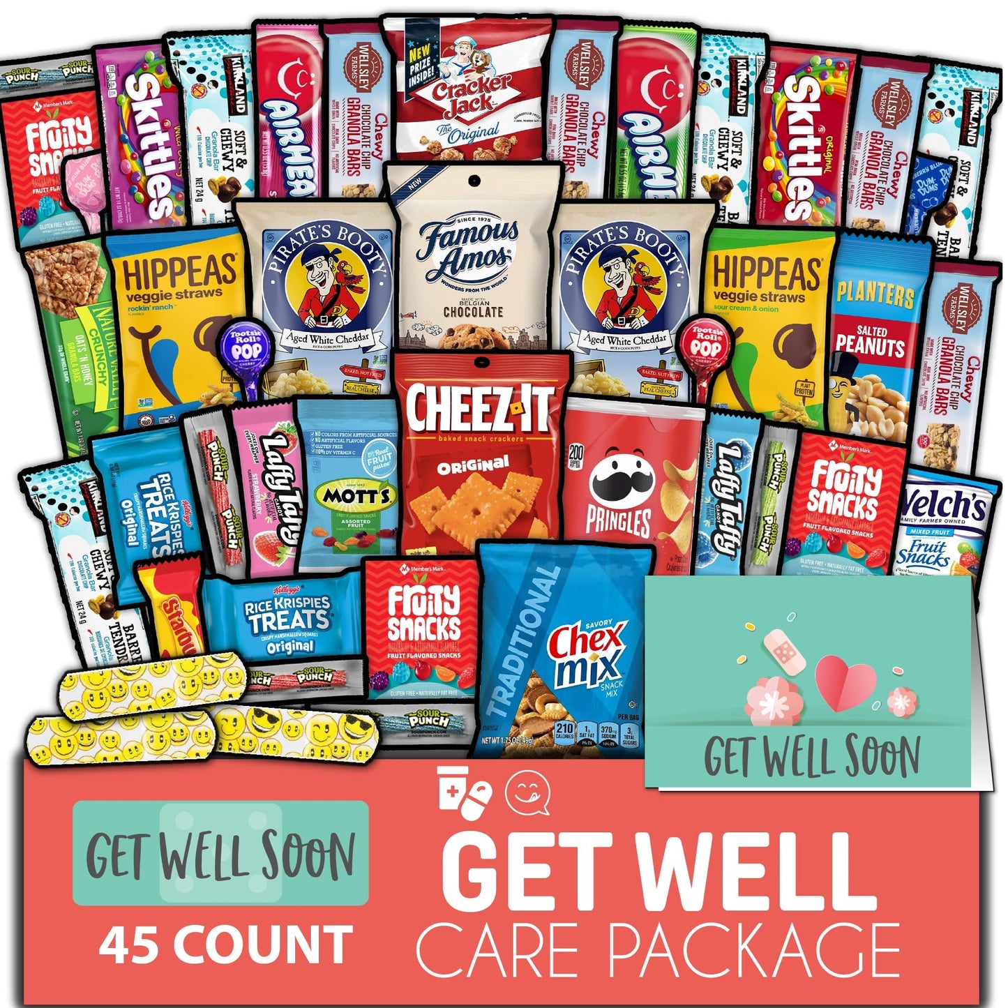 Gift A Snack - Get Well Soon Snack Box Variety Pack Care Package + Greeting Card (45 Count) Feel Better Sweet Gift Basket Candies Chips ers Bars - Cravy Food Assortments & Variety Gifts