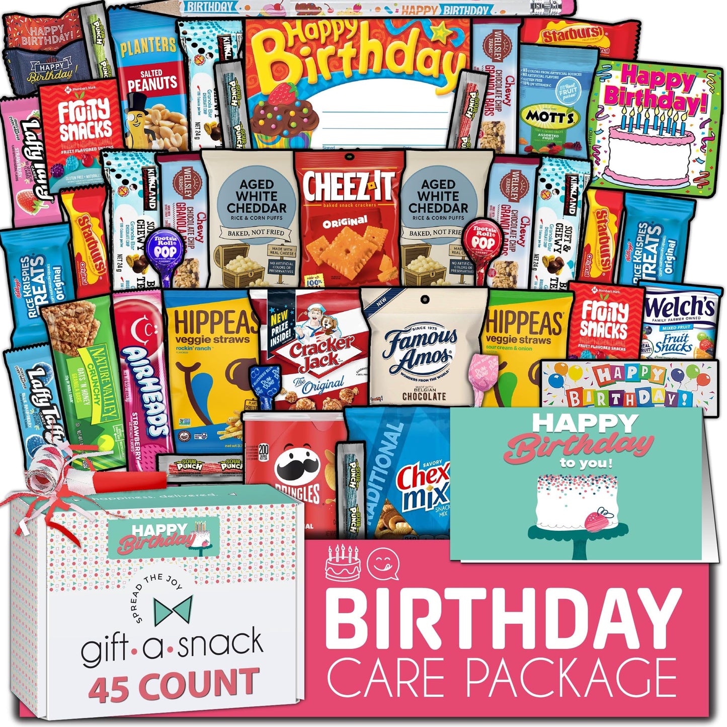Gift A Snack - Happy Birthday Snack Box Variety Pack Care Package + Greeting Card (45 Count) Bday Sweet Gift Basket Candies Chips ers Bars - Food Assortments Assortments & Variety Gifts