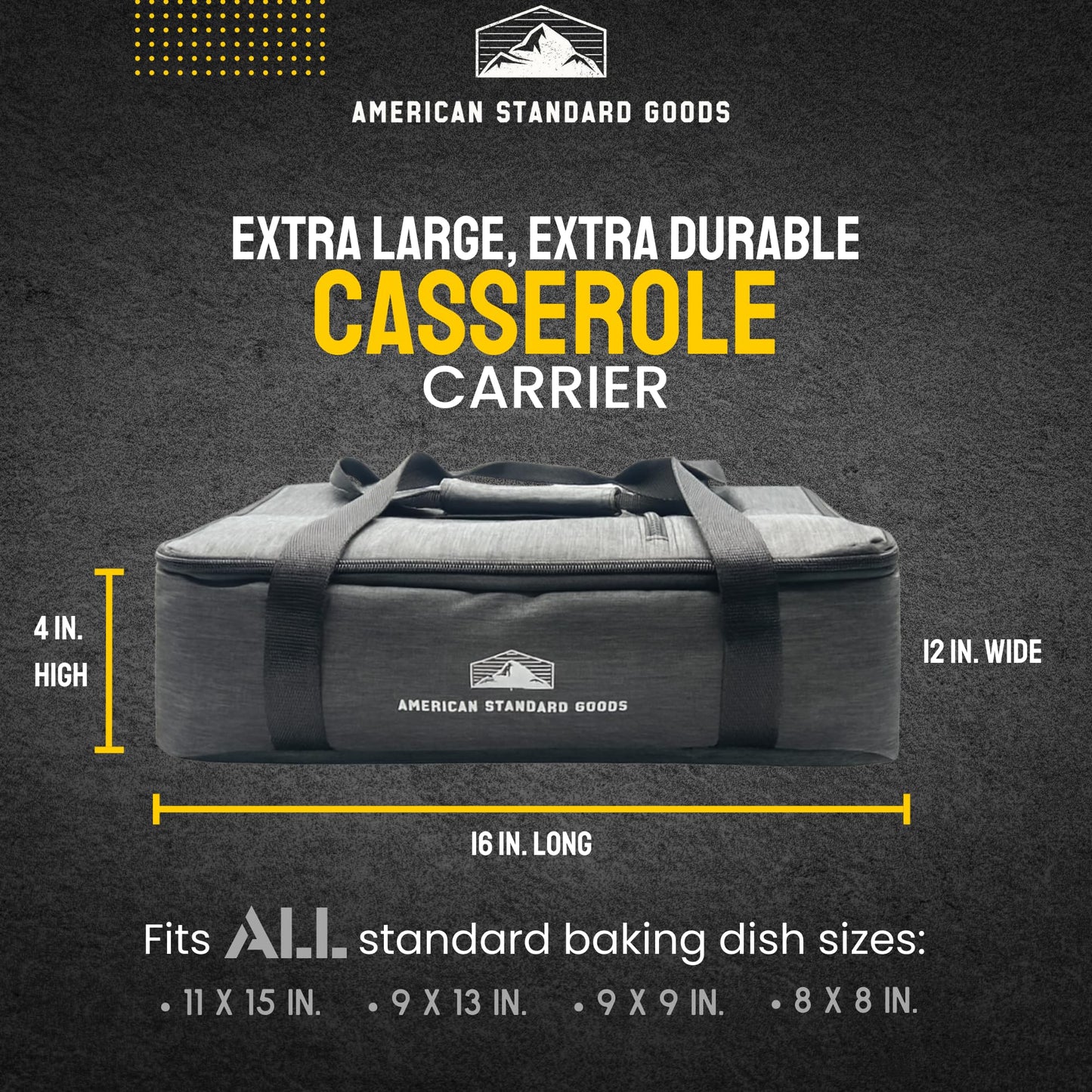 American Standard Goods Insulated Casserole Warmer Carrier, 16 in. x 12 in., Gray, Nylon with Carrying Straps and Front Pocket, Large, Fits all Standard Pans Including 9 x 13, Durable