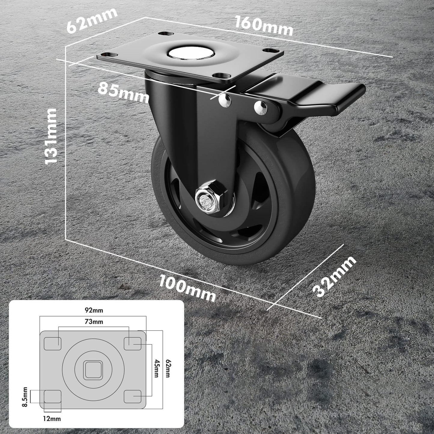 4 Inch Caster Wheels, Heavy Duty Casters Set of 4, Swivel Casters with Brake 2200 Lbs, Locking Industrial Top Plate Casters Wheels for Furniture and Workbench Cart(Two Hardware Kits Include)