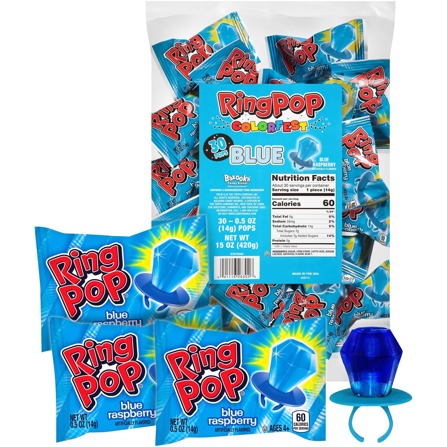 Ring Pop Colorfest Blue Raspberry Bulk Halloween Candy - 30 Ct Individually Wrapped Lollipops - Fun Candy For Kids, Party Favors