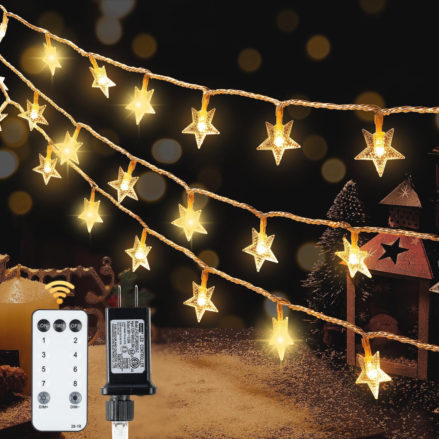 HEYFUNi Warm White Star String Lights,39FT 100LED Plug in Fairy Twinkle Lights with 8 Modes Waterproof for Indoor Outdoor Christ