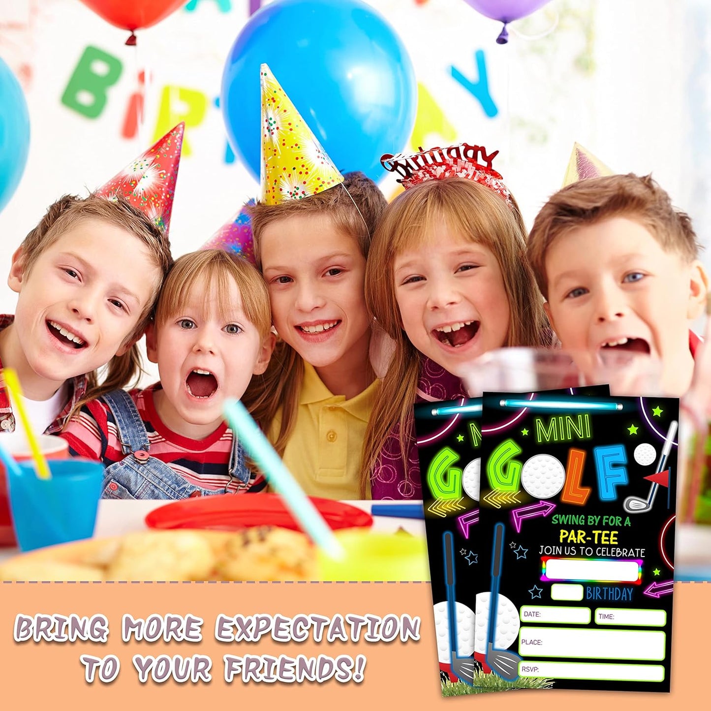 Mini Golf Invitation Birthday Party Invitations, 20-Count Neon Glow Gloss Arcade Laser Sport Theme Birthday Party Invites With Envelopes-HBYQK-B01