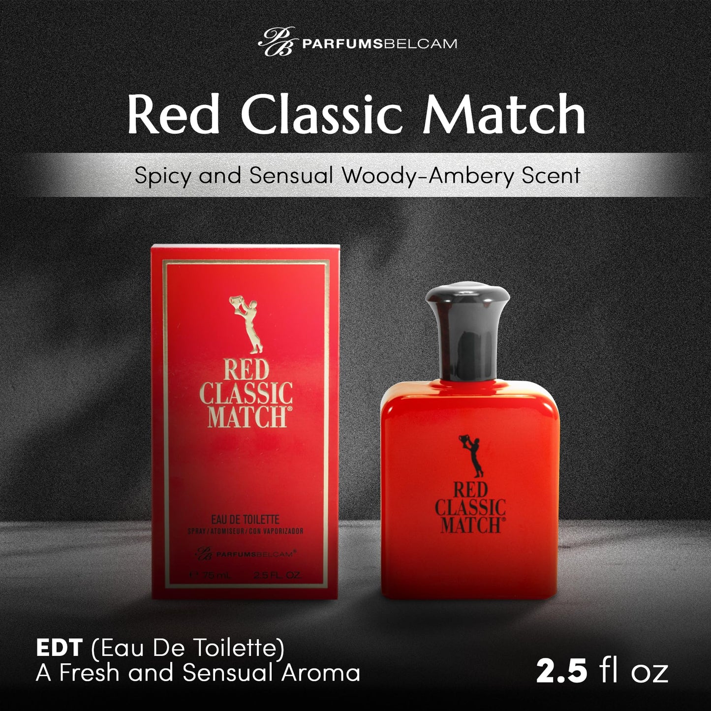 PB ParfumsBelcam Red Classic Match Eau de Toilette - Spicy Woody Amber Fragrance for Men, Long-Lasting Masculine Scent, Affordable Cologne Alternative, Signature Fragrance - 2.54 Fl Oz