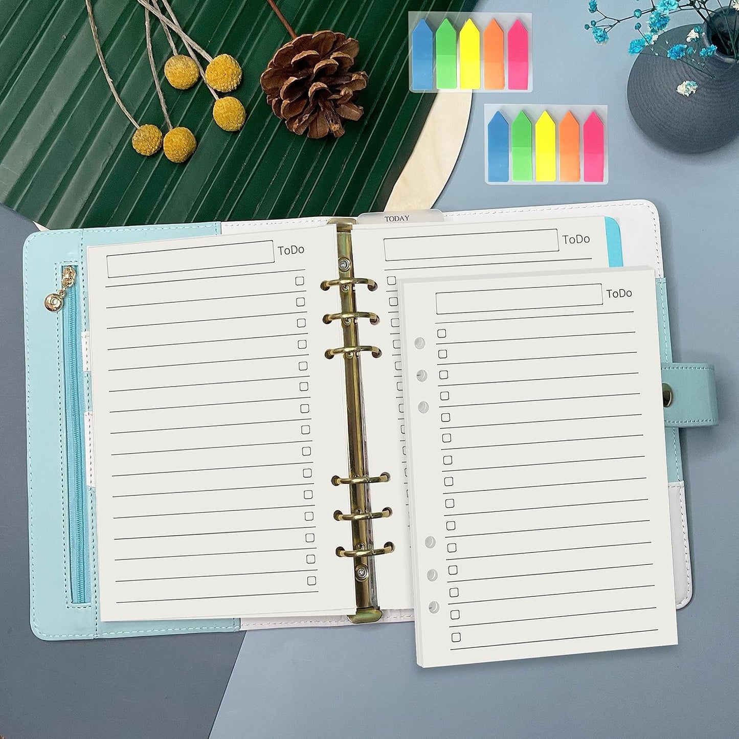 Harphia A5 6 Holes Binder Refill Value Set, 90sheets to do list loose leaf paper with sticker and divider, todo planner insert with binder pocket for A5 binder 6 holes refillable notebook,005da5todo